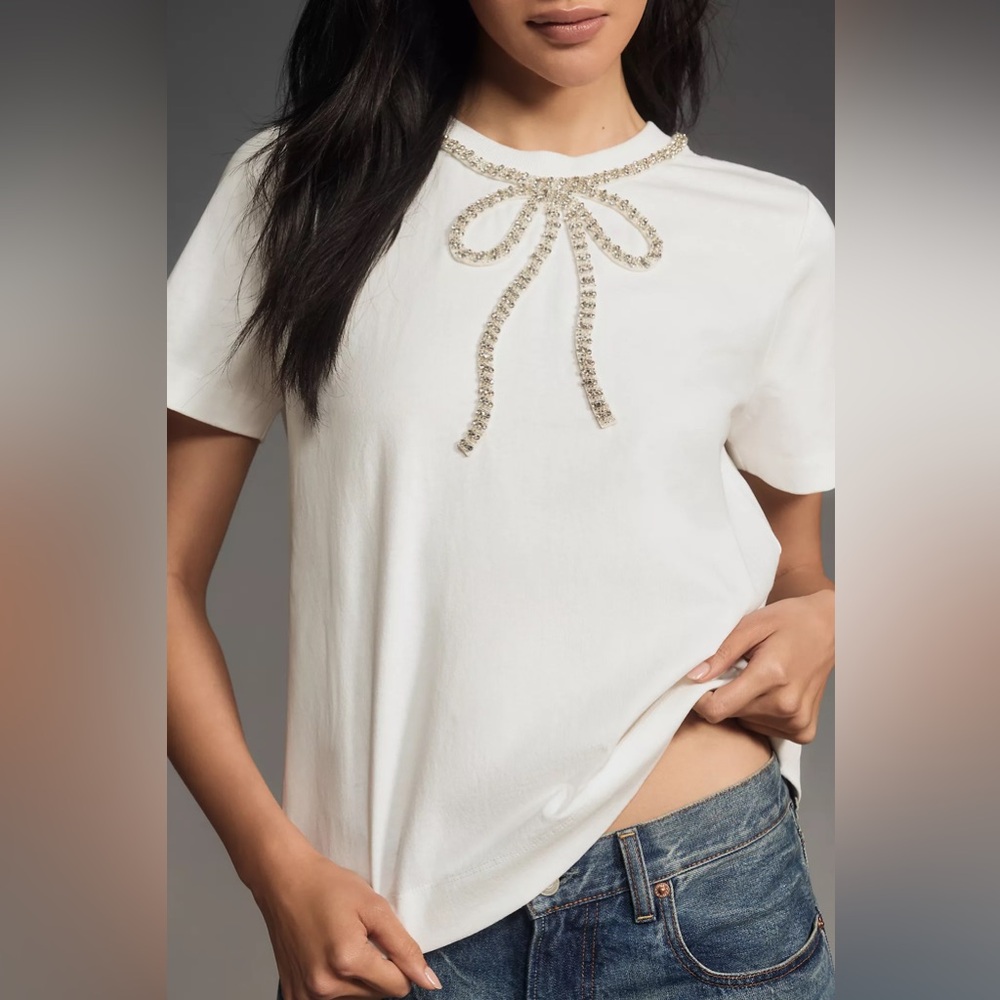 English Factory  Beaded Bow Tee White Rhinestone Embellished Short Sleeve Top